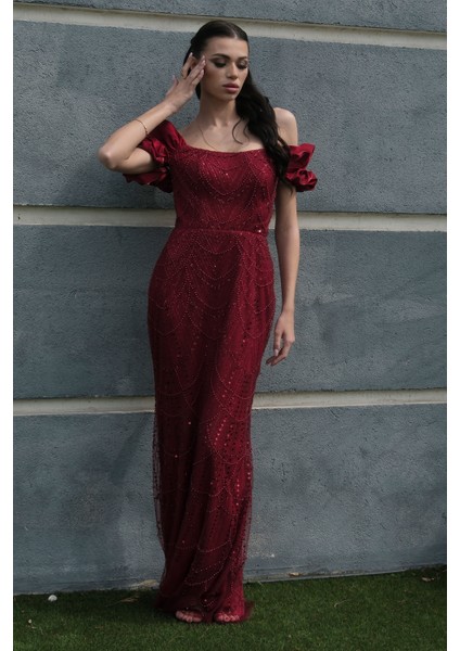 Bordo Üzeri Taş Boncuk Işlemeli Balon Kol Abiye 9705417.04