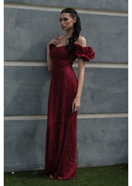 Bordo Üzeri Taş Boncuk Işlemeli Balon Kol Abiye 9705417.04