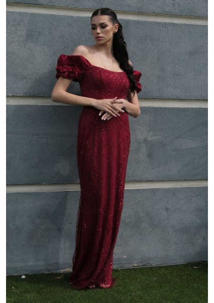 Bordo Üzeri Taş Boncuk Işlemeli Balon Kol Abiye 9705417.04