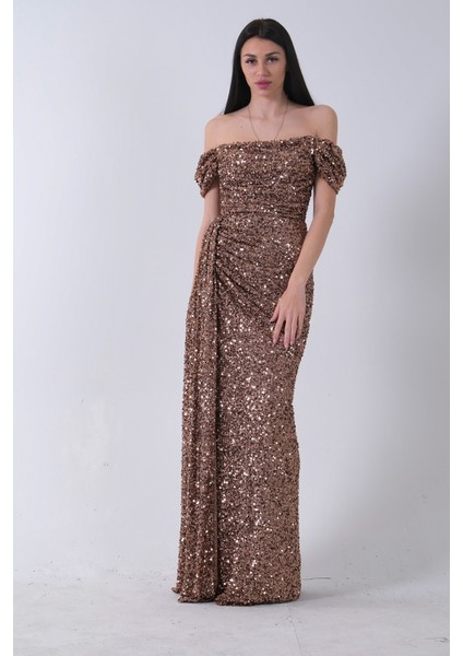 Bakır Kadın Omzu Açık Payetli Yırtmaçlı Uzun Abiye Elbise 9705544.231