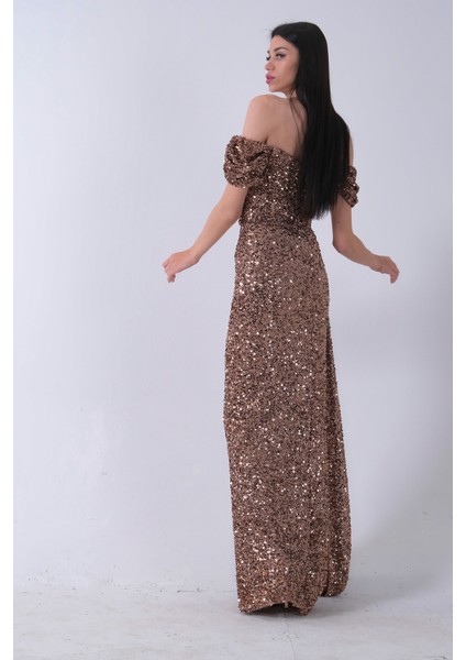 Bakır Kadın Omzu Açık Payetli Yırtmaçlı Uzun Abiye Elbise 9705544.231 modelleri