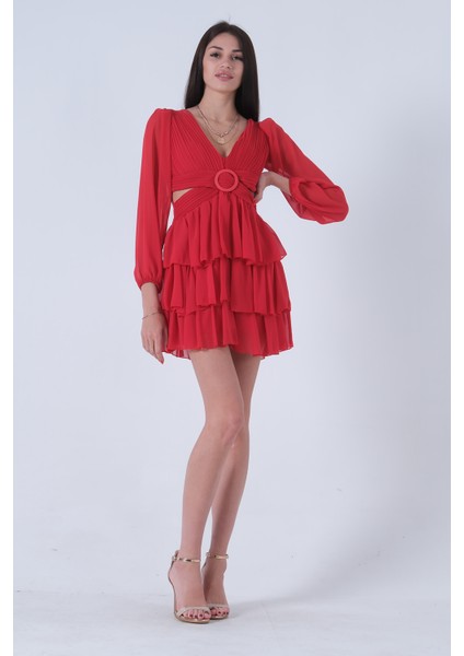 Kırmızı Fırfırlı Dekolteli Mini Şifon Abiye Elbise 9705278.08