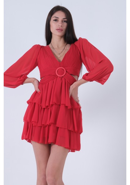 Kırmızı Fırfırlı Dekolteli Mini Şifon Abiye Elbise 9705278.08 modelleri