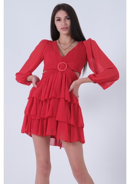 Kırmızı Fırfırlı Dekolteli Mini Şifon Abiye Elbise 9705278.08 fırsatları