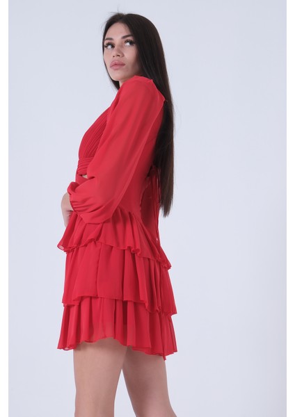 Kırmızı Fırfırlı Dekolteli Mini Şifon Abiye Elbise 9705278.08 indirimleri