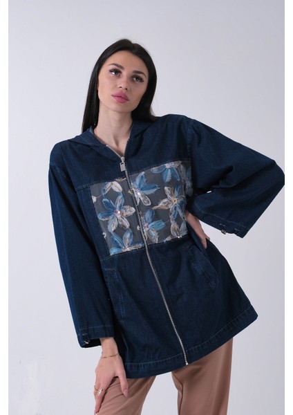 Lacivert Kapüşonlu Önü Çiçek Desenli Kot Ceket 44510672.02 fırsatları