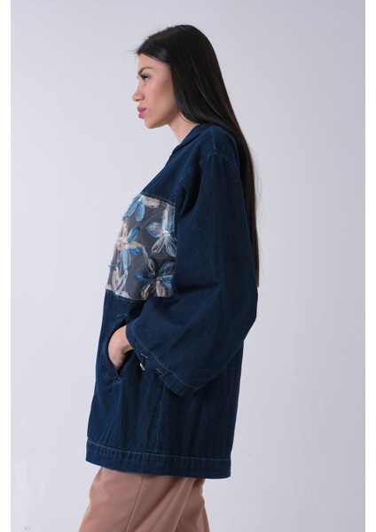 Lacivert Kapüşonlu Önü Çiçek Desenli Kot Ceket 44510672.02 indirimleri