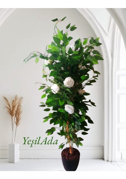 Yapay Beyaz Gül Ağacı 1 mt Boy Büyük Beyaz Gül ve Gül Yaprağı Çiçek