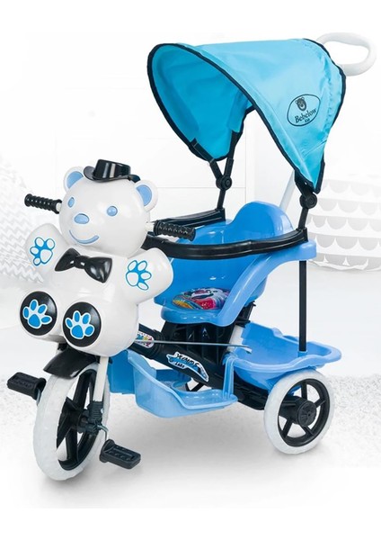 Yumoş Itmeli Ebeveyn Kontrollü Tenteli Üç Tekerlekli Bisiklet Mavi