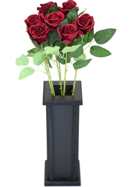 Bordo Ahşap Vazoda Yapay 7'li Kadife Gül Dalı 50 cm