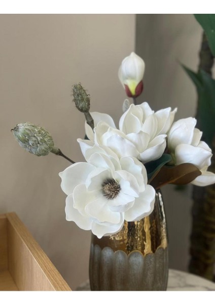 Yapay Çiçek Lüx Manolya Gerçek Dokulu Letex Eva Magnolia Gelin Çiçeği 40 cm Beyaz