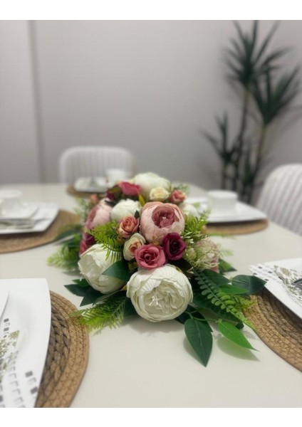 Yapay Çiçek Yemek Masası Çiçeği Pembe Şakayık ve Gül Yapay Masa Çiçeği