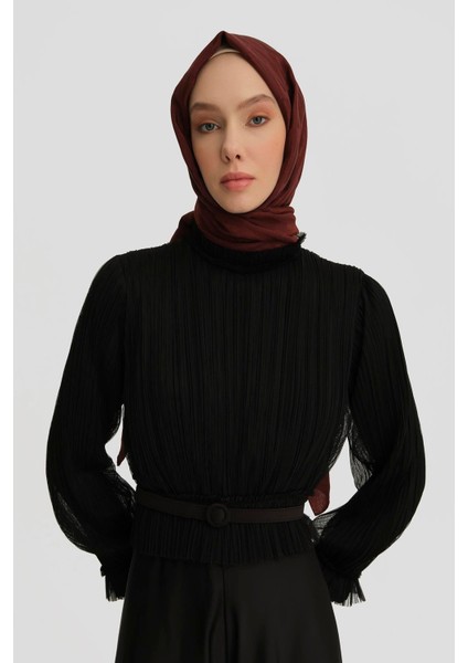 Içi Örme Üzeri Tül Bluz 24K3600 Siyah