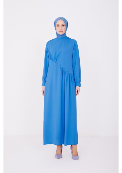 Önü Büzgülü ve Boncuklu Asimetrik Elbise 22K9513 Kobalt fiyatları