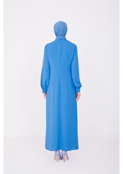 Önü Büzgülü ve Boncuklu Asimetrik Elbise 22K9513 Kobalt indirimleri