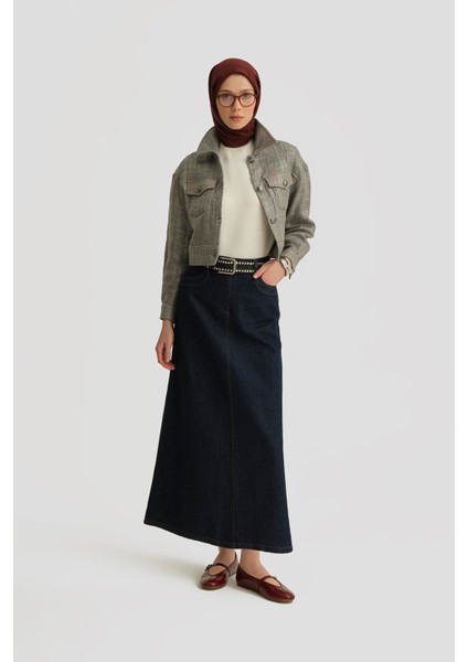 Örgü Detaylı Denim Etek 25YD9122 Koyu Lacivert