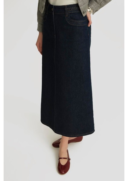 Örgü Detaylı Denim Etek 25YD9122 Koyu Lacivert