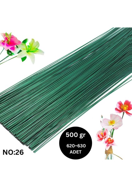 Yeşil Yapay Çiçek Teli, No:26 (0.8 Mm) - Çiçek Aranjman Yapım Teli, 500 gr (620-630 Adet), 60 cm