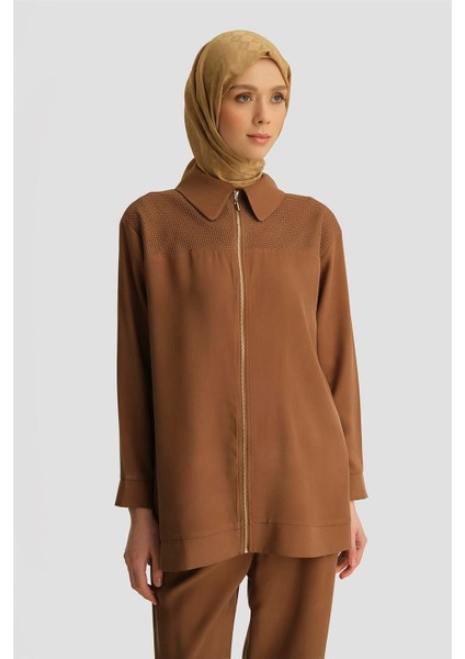File Detaylı Tunik 25YD4228-1 Kahverengi modelleri