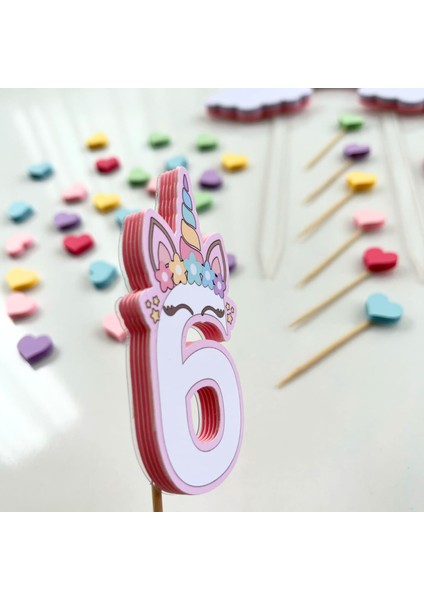 Unicorn Temalı Kız Çocuk Doğum Günü Isme Özel 3D Pasta Parti Süsü Seti Cake Topper
