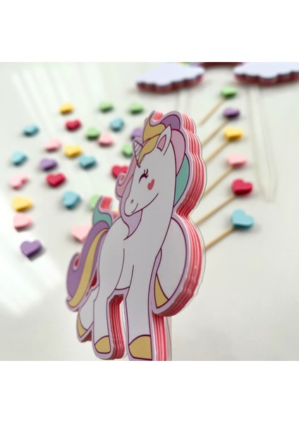 Unicorn Temalı Kız Çocuk Doğum Günü Isme Özel 3D Pasta Parti Süsü Seti Cake Topper