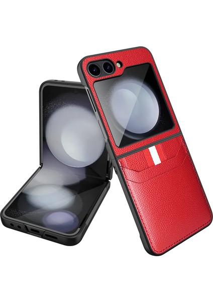 Samsung Galaxy Z Flip6 5g Litchi Texture Pu+Pc Telefon Kılıfı Ekran / Lens Filmi (Yurt Dışından)