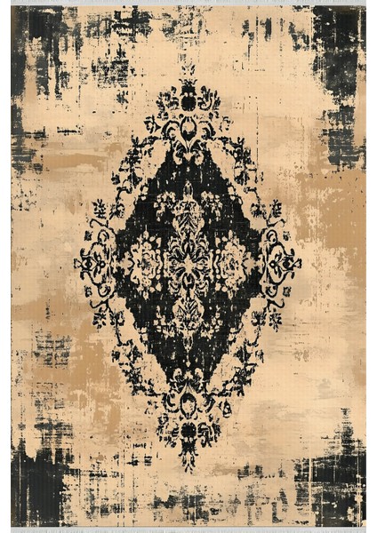 Vintage Desenli Halı, Siyah Bej Renk, Kaymaz Taban, Yıkanabilir Salon Halısı, Modern Klasik Uyumu