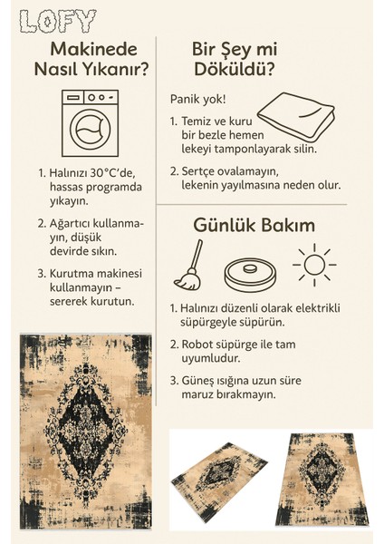 Vintage Desenli Halı, Siyah Bej Renk, Kaymaz Taban, Yıkanabilir Salon Halısı, Modern Klasik Uyumu