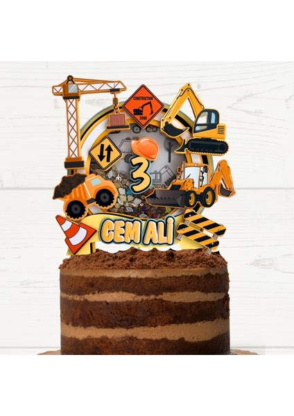 Iş Makineleri Temalı Erkek Çocuk Doğum Günü Isme Özel 3D Pasta Parti Süsü Cake Topper (22 x 22 cm )