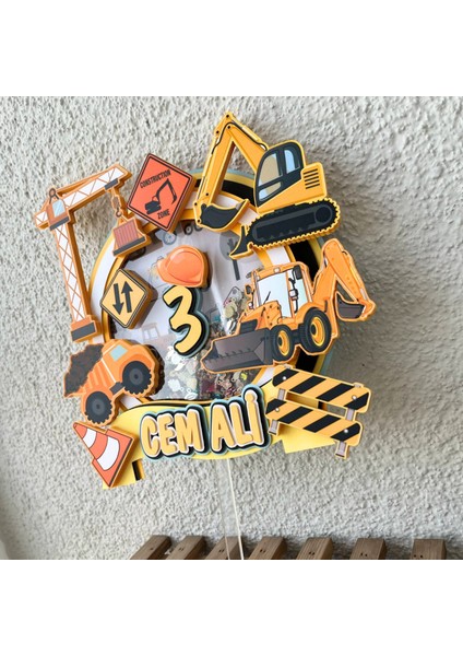 Iş Makineleri Temalı Erkek Çocuk Doğum Günü Isme Özel 3D Pasta Parti Süsü Cake Topper (22 x 22 cm )