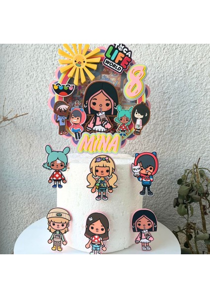 Toca Boca Temalı Kız Çocuk Doğum Günü Süsü Toca Boca Karakterleri Kişiye Özel Pasta Süsü Seti Parti Malzemesi Cake Topper (20X19CM)