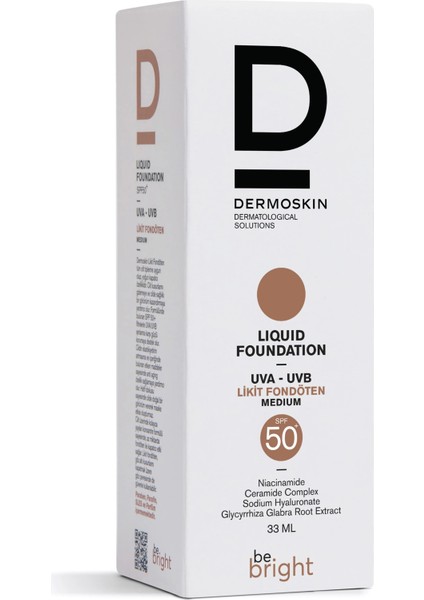 Be Bright Likit Fondöten Medium SPF50+ | UVA&UVB Güneş Koruyucu | Yüksek Kapatıcı Fondöten | 33 ml