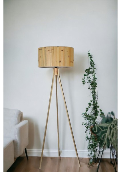 Fısco Tripod Eskitme Lambader Silindir Bambu 02 Abajurlu