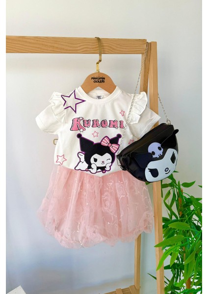 Krm Tül Etekli Çantalı Kız Çocuk 3 lü takım - Beyaz