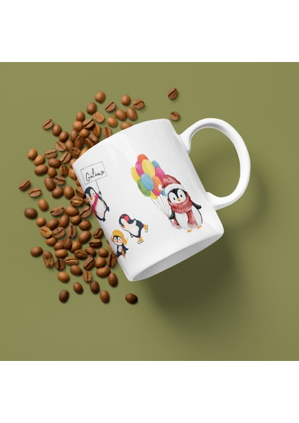 Kışın Neşesi Elinizde! Sevimli Penguen Desenli Porselen Baskılı Kupa Bardak (300 ml)