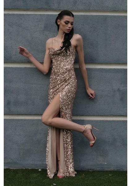 Bej Drapeli Parlak Pul Payetli Askılı Abiye 9705539.55