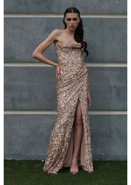 Bej Drapeli Parlak Pul Payetli Askılı Abiye 9705539.55 fırsatları