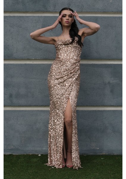 Bej Drapeli Parlak Pul Payetli Askılı Abiye 9705539.55 indirimleri