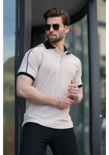 Bej Desenli Polo Yaka Triko Erkek Tişört E7155