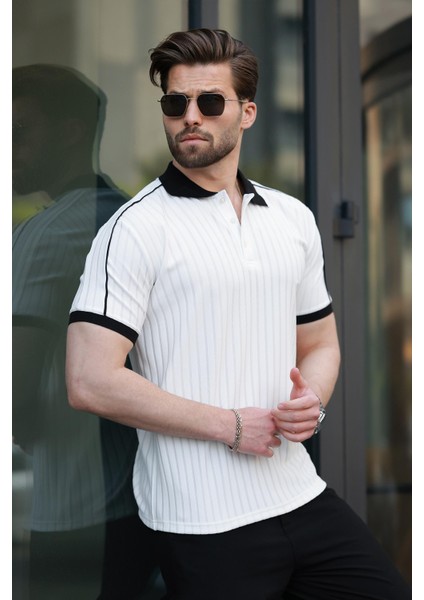 Ekru Desenli Polo Yaka Triko Erkek Tişört E7155