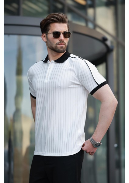 Ekru Desenli Polo Yaka Triko Erkek Tişört E7155