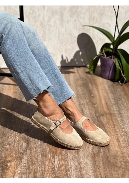 Flat Süet Deri Bej Kadın Espadril