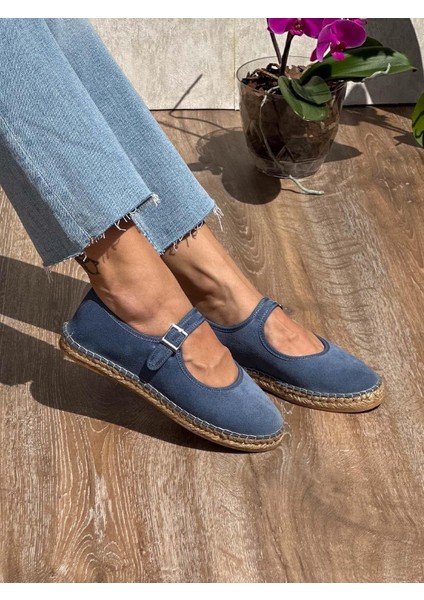 Flat Süet Deri Mavi Kadın Espadril