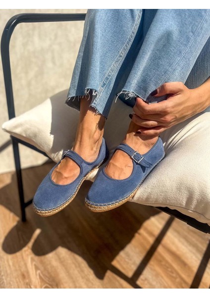 Flat Süet Deri Mavi Kadın Espadril