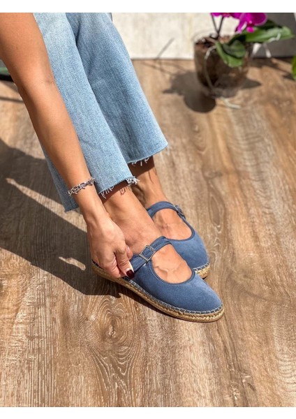 Flat Süet Deri Mavi Kadın Espadril