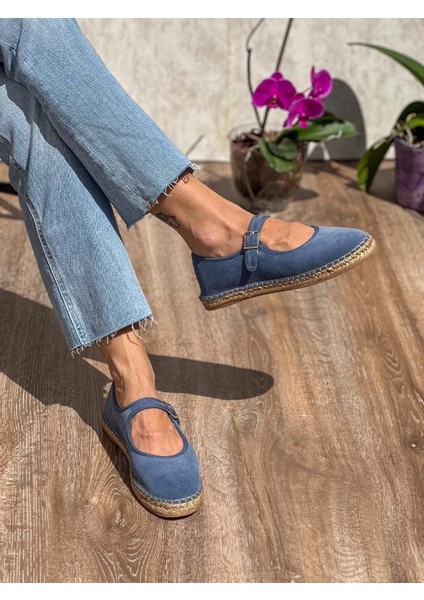 Flat Süet Deri Mavi Kadın Espadril