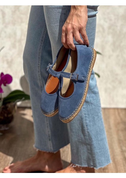 Flat Süet Deri Mavi Kadın Espadril