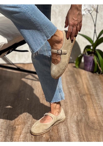 Flat Hakiki Süet Deri Bej Kadın Espadril modelleri