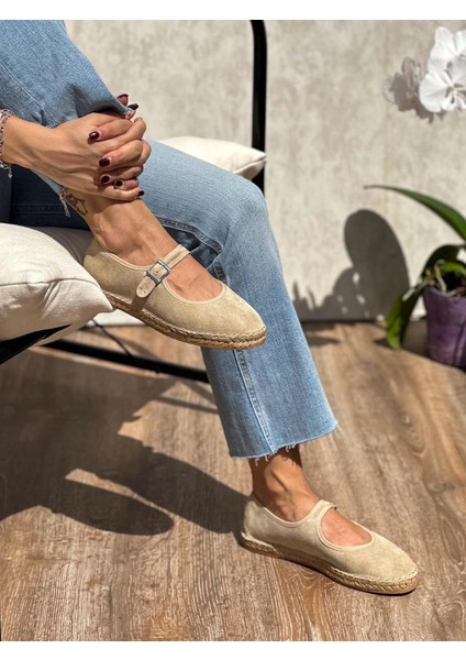 Flat Hakiki Süet Deri Bej Kadın Espadril fırsatları