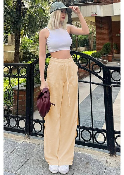 Bej Beli Büzgülü Bol Paça Kadın Pantolon MG2011